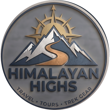 Himalayan Highs — circular badge with mountains, a golden trail and a compass sun